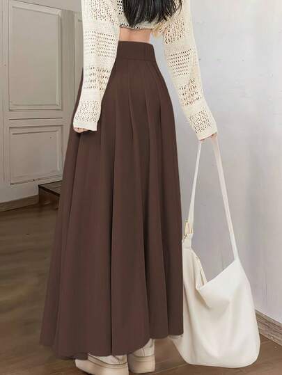 Flowing, Crisp Coffee Brown Solid Color Maxi Skirt For Commute/Date/Casual Wear, Pleated Flared Details, Pockets, Versatile, Daily Wear Spring