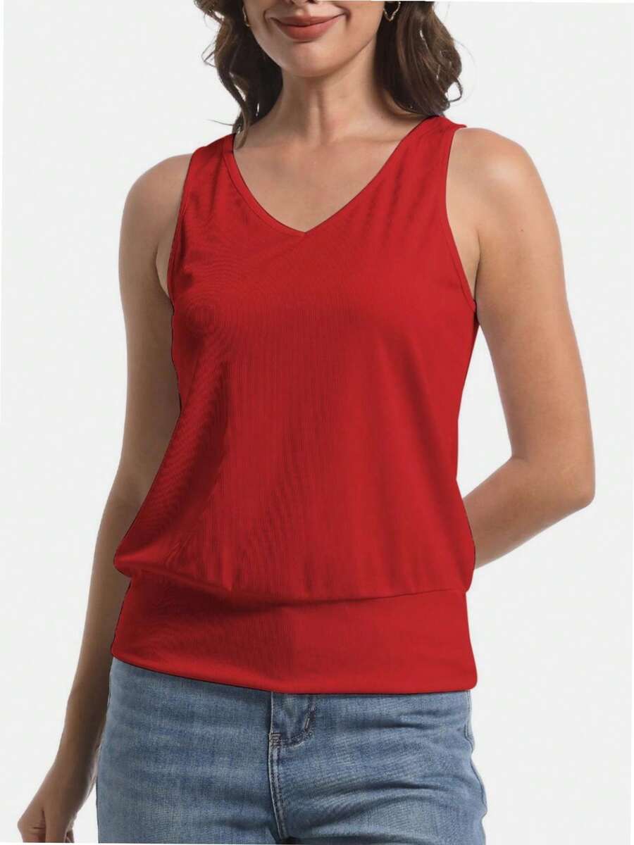 Summer V Neck Women's Sleeveless Tank Top Casual Top Loose Bandeau Bottom - Đỏ - Xem 1
