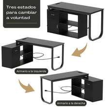 Mesa de estudio reversible con 2 estantes y toma de corriente - Negro - Ver 7