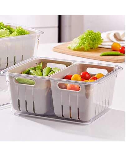 Contenedor organizador para refrigerador con tapa y doble colador interno | 2.4 litros | Ideal para frutas y verduras | Filtrado de agua y frescura prolongada | Plástico resistente | Set de 4 piezas
