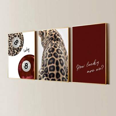 Set Of 3 Unframed Vintage Read Pool Ball Leopard Cheetah Wall Art Poster Canvas Print Minimalist Y2K Preppy Art Girly Room Decor Funky Painting For Dorm,Apartment,Living Room,Bedroom,Modern Home Decoration