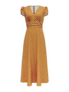 Women's Fashion Elegant V-Neck Short Sleeve Polka Dot Print Casual Dress - Orange - View 2
