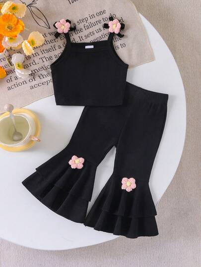 2 件装女婴花卉细肩带背心 + 花卉荷叶边下摆喇叭裤套装，夏季