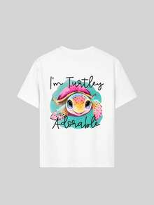 Blusa de cuello redondo con estampado de tortuga marina linda para niñas preadolescentes, top de verano - Blanco - Ver 3