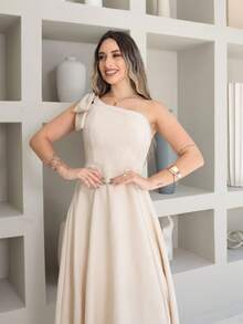 Helena Luxury Dune Linen Midi Dress With Bow On The Sleeve - Beige - View 5