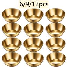6/9/12 Pcs 9cm/3.46" Golden Stainless Steel Soy Sauce Dish Mini Individual Bowls Round Seasoning Dipping Sauce Plate For Sushi Tomatoes BBQ Appetizer Dip, Cheese Saucer Luxury Dish Set