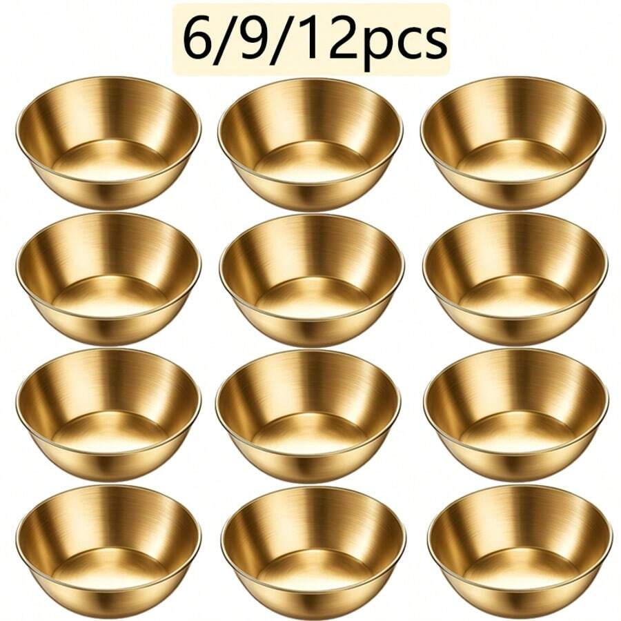 6/9/12 Pcs 9cm/3.46" Golden Stainless Steel Soy Sauce Dish Mini Individual Bowls Round Seasoning Dipping Sauce Plate For Sushi Tomatoes BBQ Appetizer Dip, Cheese Saucer Luxury Dish Set