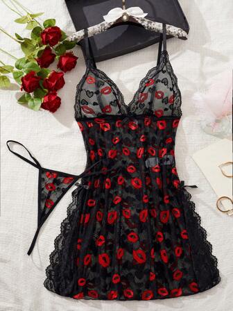 Plus Size Women Sexy Sheer Lip Print Fabric Slit Bodycon Lingerie Slip Dress Set