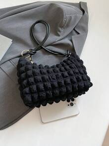 1pc Solid Color Chiffon Polyester Zipper Fashion Crescent Shoulder Bag, Suitable For Women Daily Use - Black - View 3
