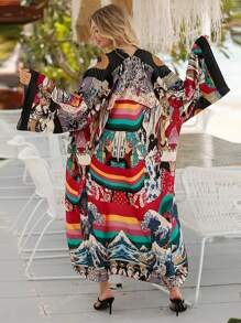 Kimono de manga larga con abertura delantera, estilo bohemio, de talla grande, con estampado vibrante, ligero y transparente como cubrebotas de playa, de tela de poliéster sin elástico, prenda exterior casual para mujer para vacaciones