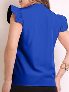 MARILYN MONNA New Women's Solid Color Classic V-Neck Ruffle Elegant Notched Neck Sleeve Blouse - 寶藍色 - 查看 2