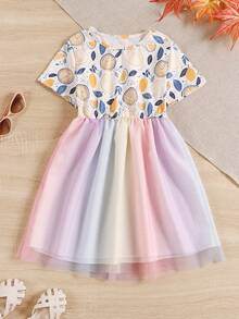 2pcs/Set Girls Dresses, Children Crew Neck Printed Mesh Summer Dress, Fashion For Toddler & Little Girls, Suitable For Spring/Summer