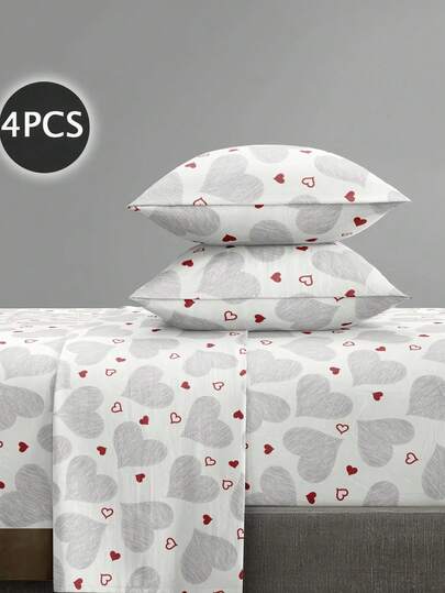 4 件套 白色灰色几何心形图案床单套件 易于护理超细纤维柔软床上用品套件 花卉床笠套件（1 件床单 + 1 件床笠 + 2 件枕套）床笠套件 特大号双人床尺寸床单 深口袋 最大 11.8 英寸枕套，柔软透气防皱，更适合睡眠，奢华酒店风格，送给妈妈爸爸朋友的礼物