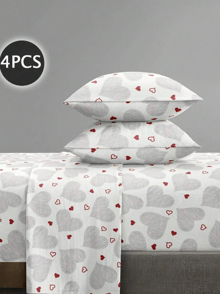 4 件套 白色灰色几何心形图案床单套件 易于护理超细纤维柔软床上用品套件 花卉床笠套件（1 件床单 + 1 件床笠 + 2 件枕套）床笠套件 特大号双人床尺寸床单 深口袋 最大 11.8 英寸枕套，柔软透气防皱，更适合睡眠，奢华酒店风格，送给妈妈爸爸朋友的礼物 - 紅白色 - 查看 1
