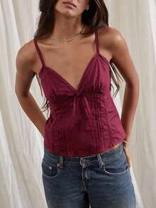 Women Y2k Crop Tank Top Low Cut Sleeveless Cami Top Sexy V Neck Spaghetti Strap Camisoles Summer Going Out Top - 酒紅色 - 查看 2