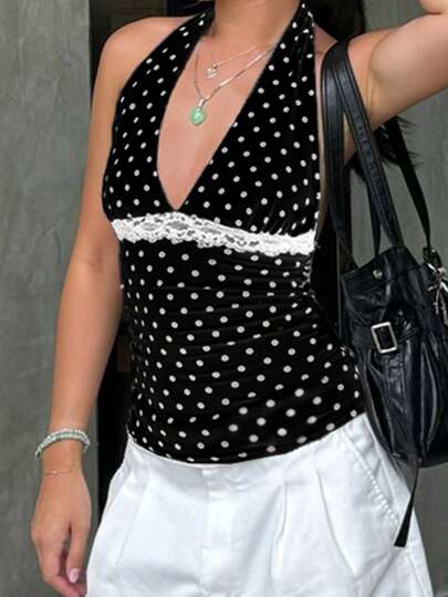 Canottiere casual da donna con pois e schiena in pizzo, camisole sexy e alla moda per l'estate