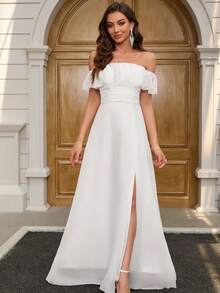 YUMIBRAVO Vestido de novia elegante de unicolor con hombros descubiertos, volantes en el bajo y abertura lateral - Blanco - Ver 2