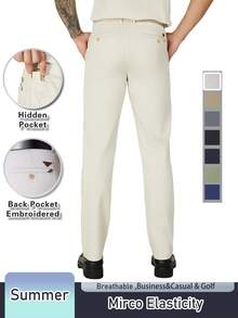 Men's Solid Color Lightweight Cotton Blend Dress Pants - Summer Business Casual Chinos, Straight Leg, Classic , Perfect For Office & Casual Attire - Màu be - Xem 9