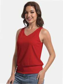 Summer V Neck Women's Sleeveless Tank Top Casual Top Loose Bandeau Bottom - Đỏ - Xem 3
