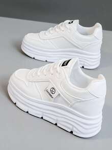 2025 New Women Fashion Plain Color Thick Sole Casual Vulcanized Sneakers, Student Sports Flat Shoes, Wear-Resistant, Autumn - White - View 1