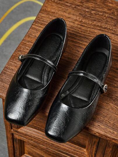 Women's Fashion Square Toe Slip-On Black Shoes, Casual & Versatile Office Wear, High-Quality Outdoor Leisure Flat Mary Jane Ballet Flats, Suitable For Spring/Summer, Party & Work