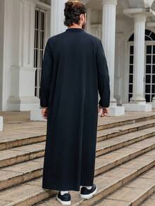 1pc Men's Casual Long Sleeve Asymmetrical Striped Collar Classic Simple Quality Polyester Fabric Solid Black Stand Collar Arab Robe - Black - View 6