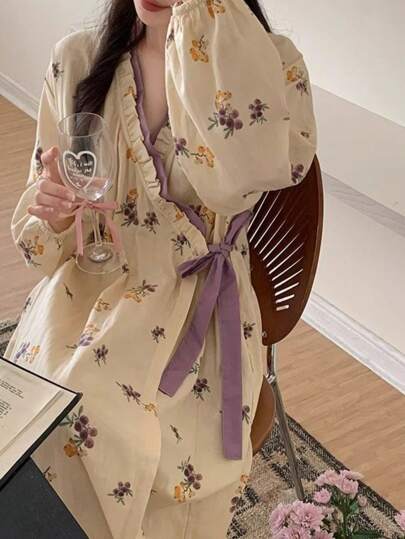 قطعة واحدة من الرداء طويل الأكمام بطراز أوروبي بسيط، فساتين نوم طويلة بطراز قديم، بلوزة منزليه رفيعة بطراز فني صيني جديد يمكن ارتداؤها خارجيا، رداء طويل الأكمام بياقة على شكل حرف V مريح بطراز جديد للربيع والخريف، بلوزة نوم كاجوال صيفية لحفلات الزفاف والاستحمام بالمنزل