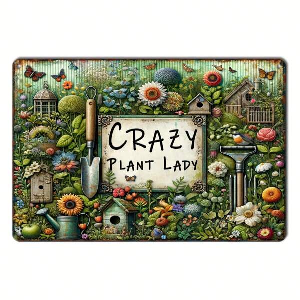 1 pièce Plaque métallique rétro, décoration murale 2D de la "Crazy Plant Lady", art mural de jardin, art mural de garage vintage, décoration de restaurant, plaque murale pour café/bar/club/salon - Conception avec trous aléatoires