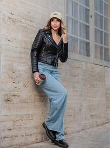 Women's Black Leather Jacket With Zipper - 黑色 - 查看 4