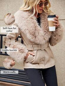 Giolshon 女士常规款皮草大衣 - 秋冬百搭休闲外套，含腰带 - 适合任何外出 - 米色 - 查看 2