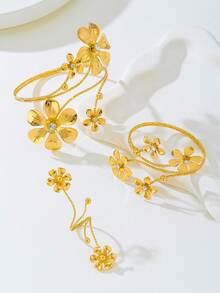 1 Set Vintage Geometric Floral Rhinestone Bangle, Bracelet, And Ring Jewelry Set For Women, Party Gift - Yellow Gold - View 2