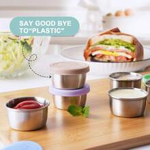 6 包沙拉酱外带容器，1.6 盎司小号不锈钢酱汁杯，带防漏硅胶盖，适用于午餐盒、野餐和旅行，以及返校用品 - 彩色 - 查看 6