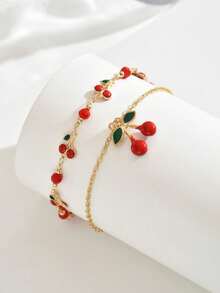 2pcs/Set Charming Enamel Cherry Pendant Anklet, Sweet Fashion Foot Jewelry For Daily Wear, Beach, Date, Party, Handmade Chain Arrangement - Multicolor - View 3