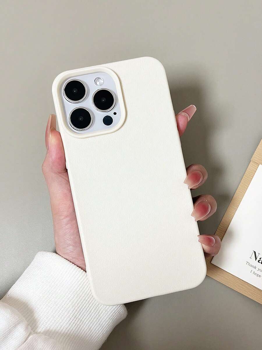 1pc Slim TPU Soft Case With Perforated Solid Color Leather Texture, Compatible With IPhone 15/16 Pro Max Smartphone Protective Cover, Thin Design - Beige - View 1