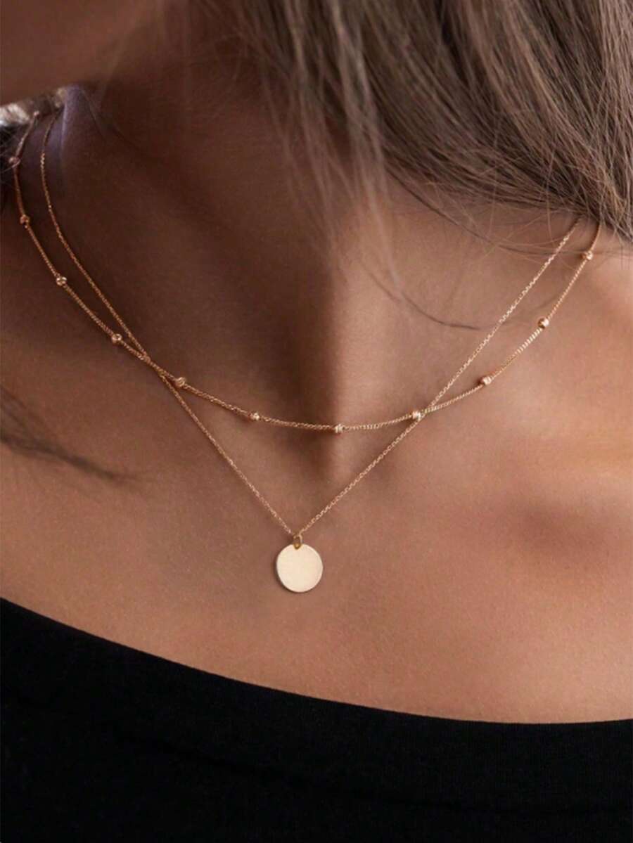 1pc Double-Layer Round Pendant Necklace (Random Number Of Beads) - Yellow Gold - View 1