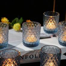 6/12pcs Clear Glass Votive Candle Holders, Bulk For Table Centerpiece, Tea Lights Holders For Wedding Shower, Christmas Party And Home Decor - Blue - View 3