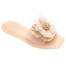 Summer Flat-Soled Slides With Decorative Flower - Nude - View 2