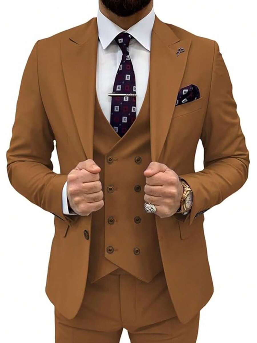3-Pieces Mens Suit Formal Business Wedding Prom Suit Male Groom Tuxedo, Solid Color, Blazer+Vest+Pant, Modern Fit Wedding Party Dinner Formal, Long Sleeves, Double Breasted, Machine Washable, Spring/Fall - 棕色 - 查看 1