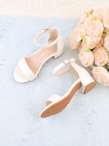 Sandalias de tacón alto blancas para niñas/niños, de tacón grueso y punta abierta, de moda, adecuadas para vestidos de verano, zapatos para niña de flores para bodas y fiestas, zapatos lindos para princesa para niños pequeños/niños pequeños/niños mayores