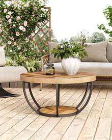 LITTLE TREE Round Coffee Table, 80 X 80 X 45 Cm Industrial 2-Tier Circle Coffee Table With Storage Shelves, Modern Wooden Accent Center Table Sofa Side Table - 米色 - 查看 8