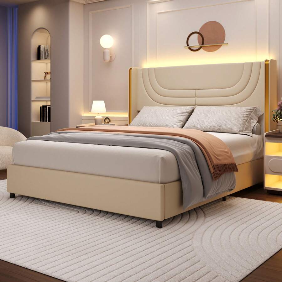 Modern LED Upholstered Bed Frame With Silver Wingback Headboard – Soft PU Leather, Platform Design, Easy Assembly, Ideal For Bedroom, Twin Bed Frame With LED Lights/ Full Bed Frame With LED Lights/ Queen Bed Frame With LED Lights/ Twin Size Bed Frame/ Full Size Bed Frame/ Queen Size Bed Frame, Black/Pink/Beige (USB LED Strip) - 米色 - 查看 1