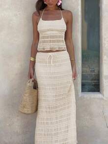 女士优雅性感露背吊带上衣和褶皱裙夏季度假节日派对街头两件套 - 杏色 - 查看 4