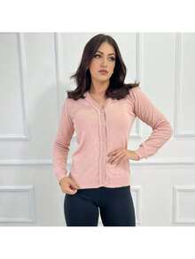 Women's Knitted Linen Cardigan With Button Closure - Rosa Pálido - Ver 2