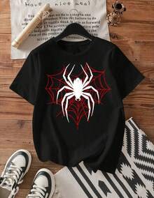 Camiseta Casual de  Estampado de araña corazon   - Mezcla de Poliéster y Spandex Suave, Cuello Redondo, Manga Corta, Lavable a Máquina