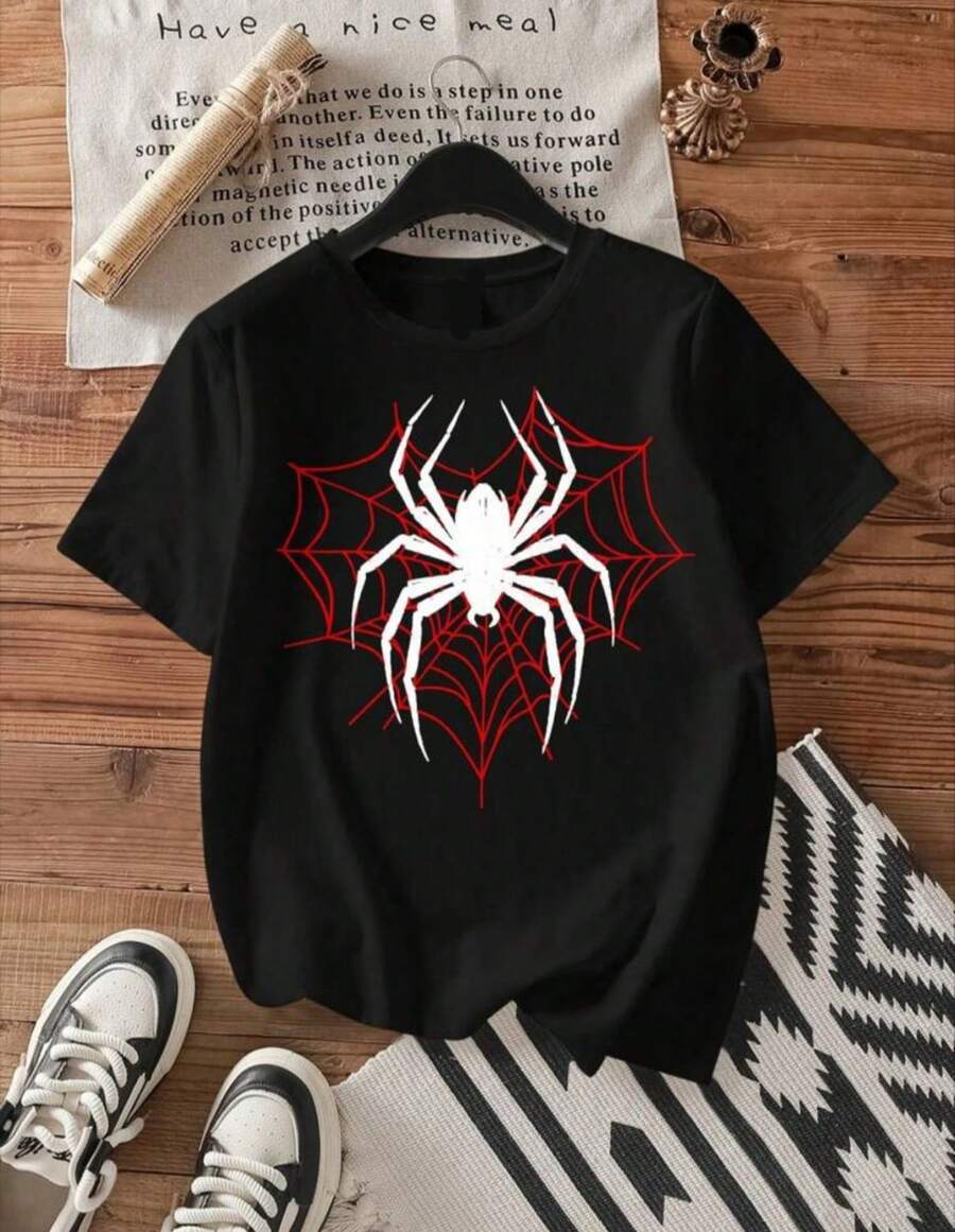 Camiseta Casual de  Estampado de araña corazon   - Mezcla de Poliéster y Spandex Suave, Cuello Redondo, Manga Corta, Lavable a Máquina