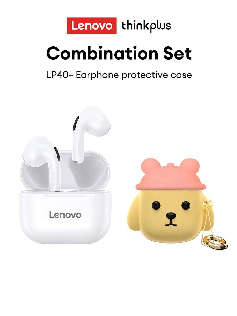 Lenovo LP40 Bluetooth Earphone Protective Case Combo, Half In-Ear Sports Earbuds With Deep Bass, High-Definition Calls With Microphone, Low Latency Music & Gaming, Smart Touch Control, Superb Battery Life, Passive Noise Cancellation, Compact & Portable Wireless Headphones - LP40白色+小熊粉帽保護套 - 查看 1