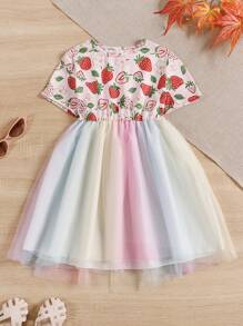 2pcs/Set Girls Dresses, Children Crew Neck Printed Mesh Summer Dress, Fashion For Toddler & Little Girls, Suitable For Spring/Summer