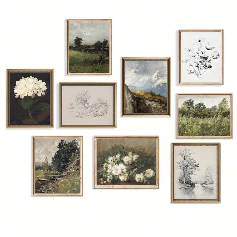 9幅复古植物风景艺术版画，带框海报套装，法式乡村深绿色复古欧式花卉风景墙面装饰画，适用于卧室和客厅，帆布墙画，房间海报，家居装饰，房间装饰美学，房间装饰 - 9pcs - 查看 1