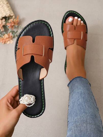 女士休闲平底编织拖鞋，时尚一脚蹬拖鞋，适合春季、夏季、海滩、户外、正装