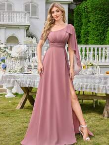 雪纺简约性感单肩褶皱紧身派对连衣裙 - 珊瑚粉 - 查看 1